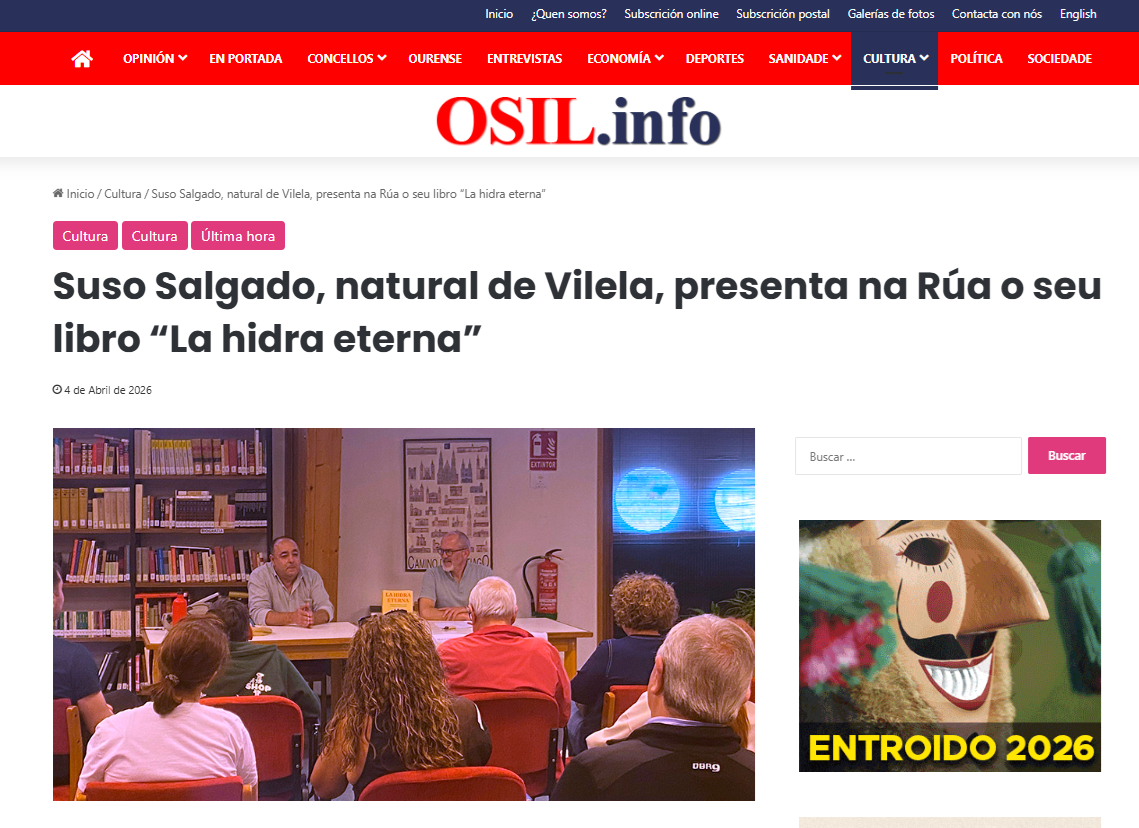 Noticia en O Sil — Suso Salgado, natural de Vilela, presenta en A Rúa su libro La Hidra Eterna