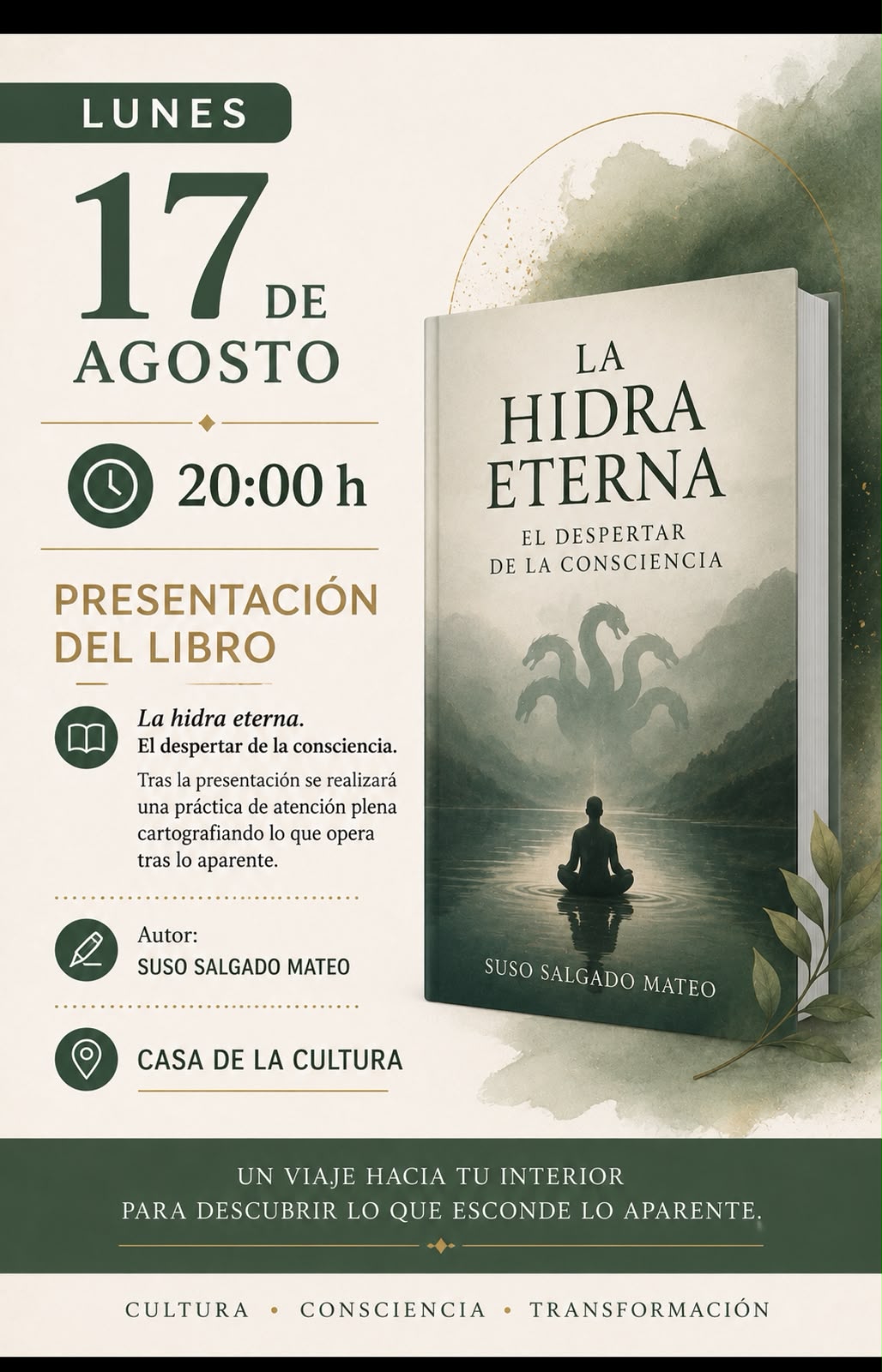 Cartel de la presentación de La Hidra Eterna en Albalá — lunes 17 de agosto de 2026, 20:00h, Casa de la Cultura.